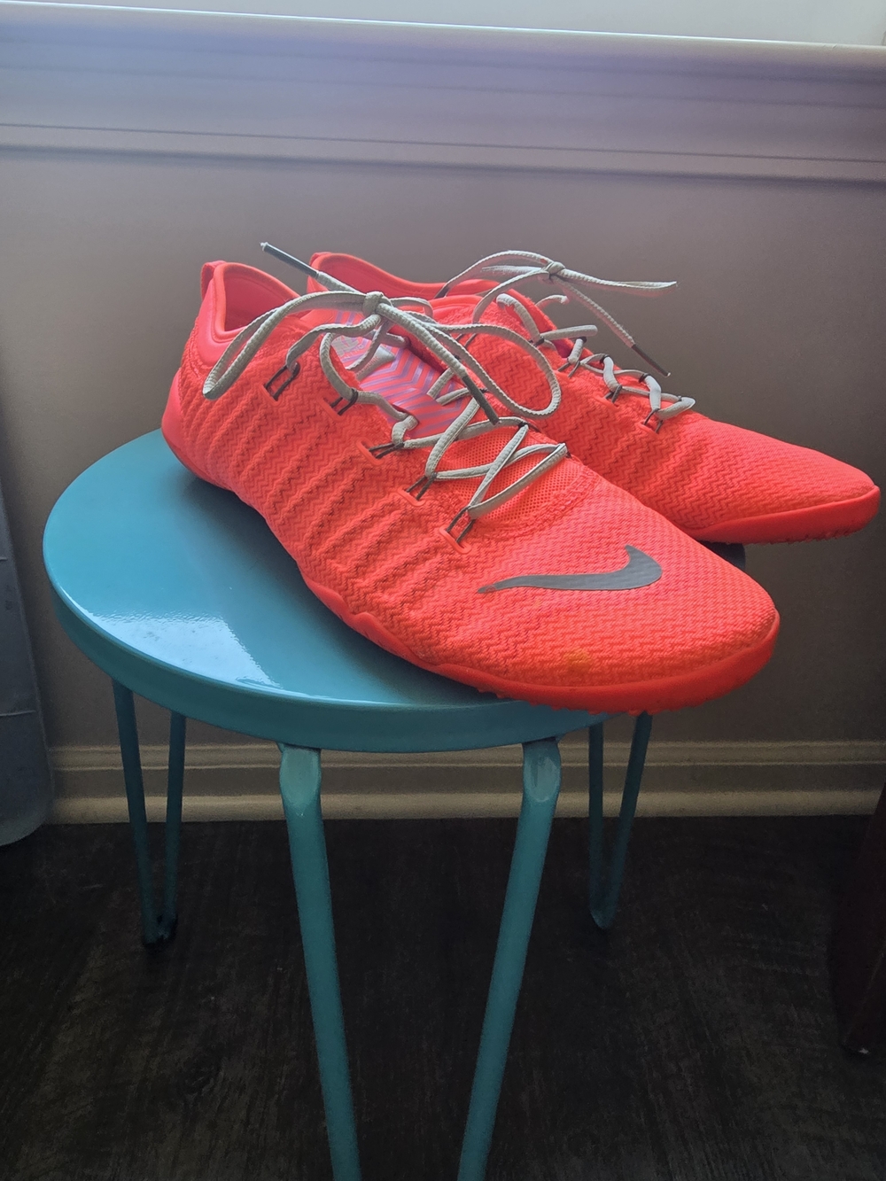 Nike Neon Coral Knit Running Sneakers with Gray Swoosh - Picture 2 of 3